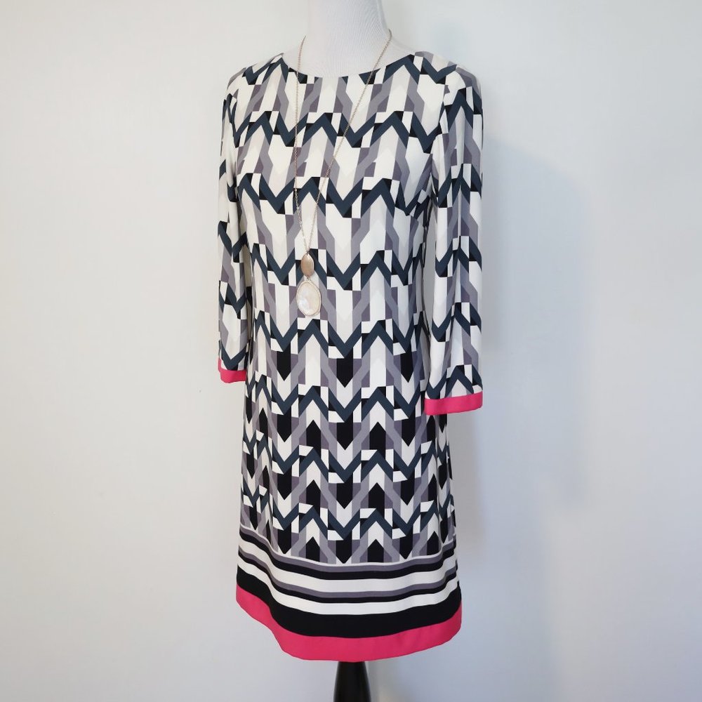 Eliza J Black and White Geometric Dress with Pink Accents